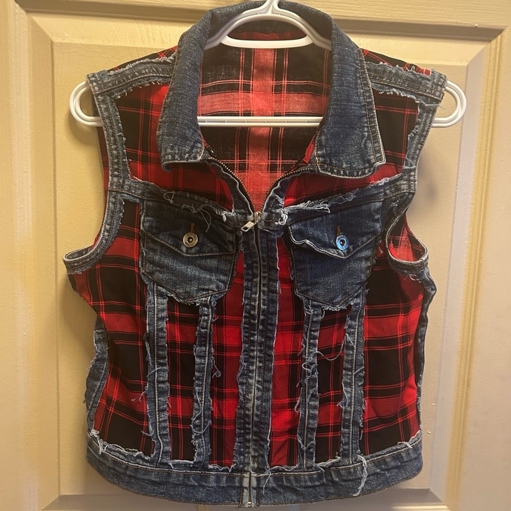 Red and Black Plaid Denim Vest